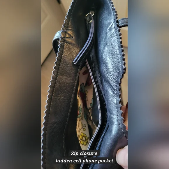 Latico Dark Blue Leather Tote Bag With Floral Lining 13x13 - Picture 11 of 13